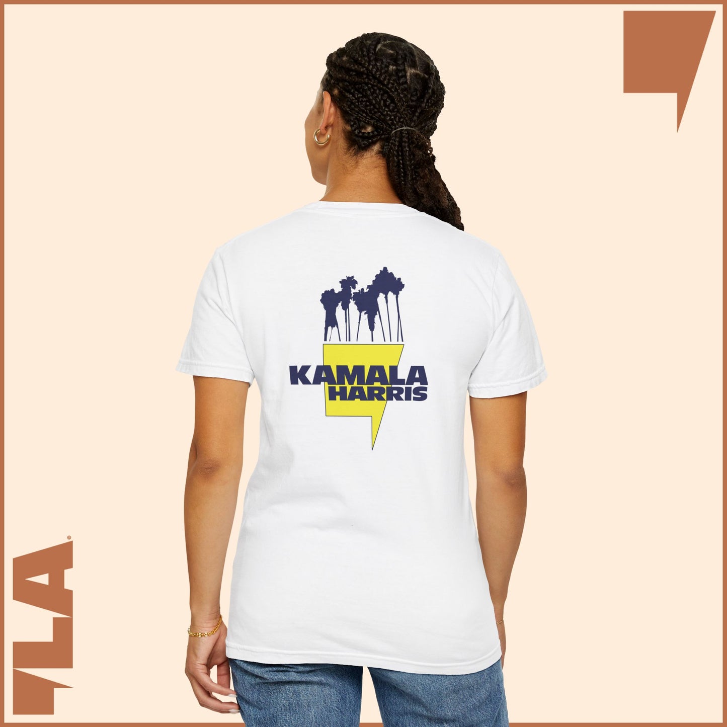 KAMALA/COMMA LA - ELECTRIC PALMS MEDIUM WEIGHT T-SHIRT (50% of the PROFIT IS DONATED IMMEDIATELY to the HARRIS-WALZ CAMPAIGN through ActBlue).