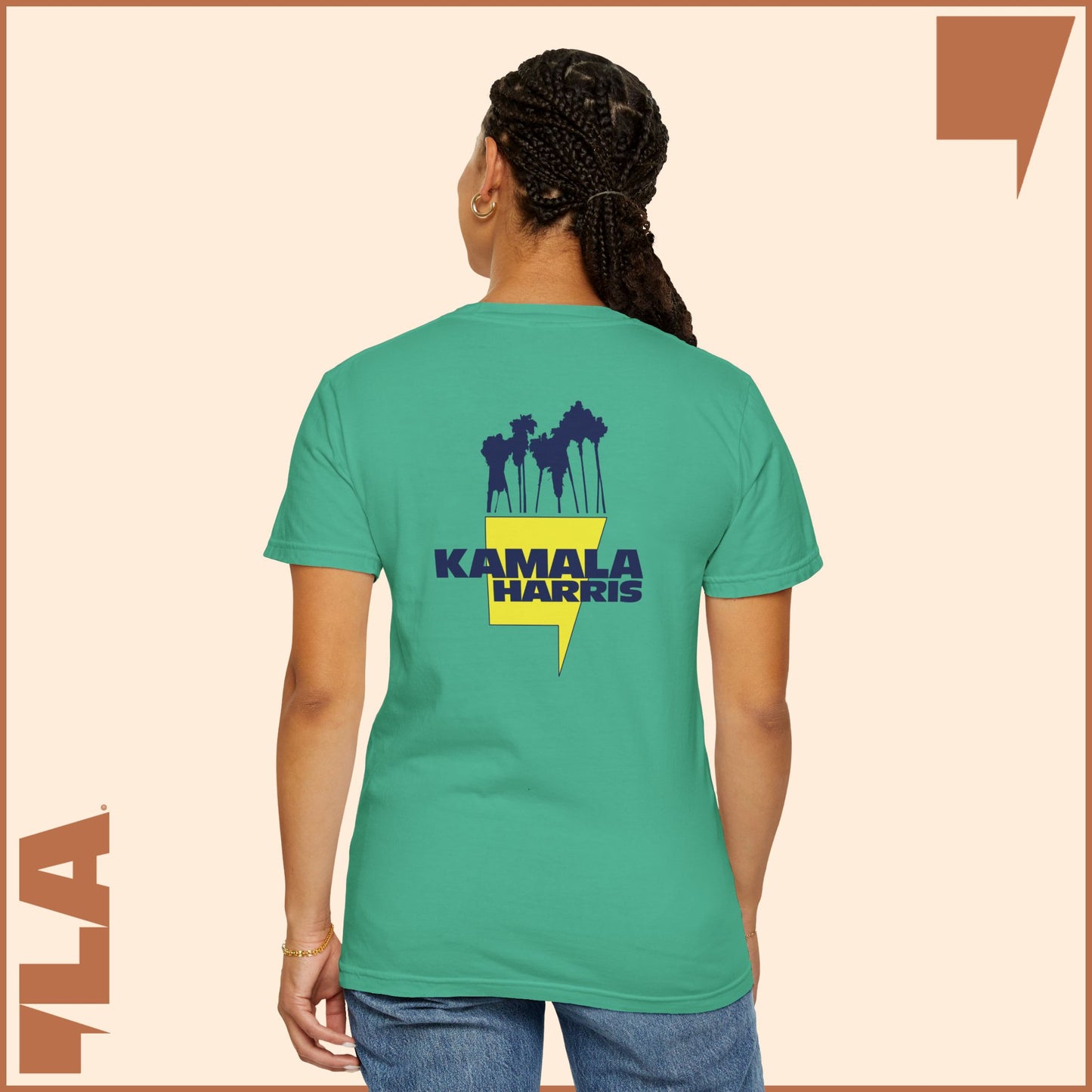KAMALA/COMMA LA - ELECTRIC PALMS MEDIUM WEIGHT T-SHIRT (50% of the PROFIT IS DONATED IMMEDIATELY to the HARRIS-WALZ CAMPAIGN through ActBlue).